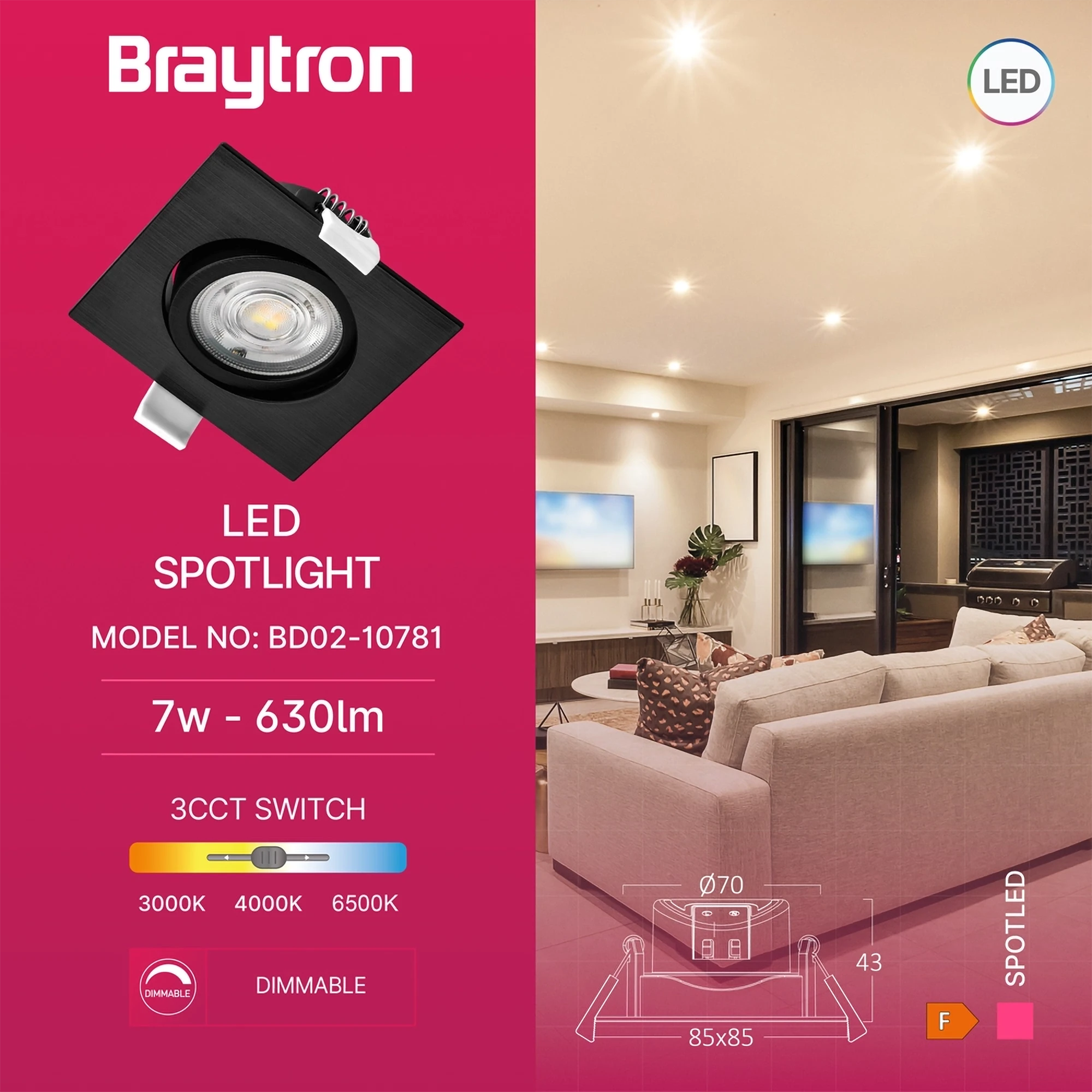 LED SPOT SVETILJKA KVADRATNA 7W CRNA CCT