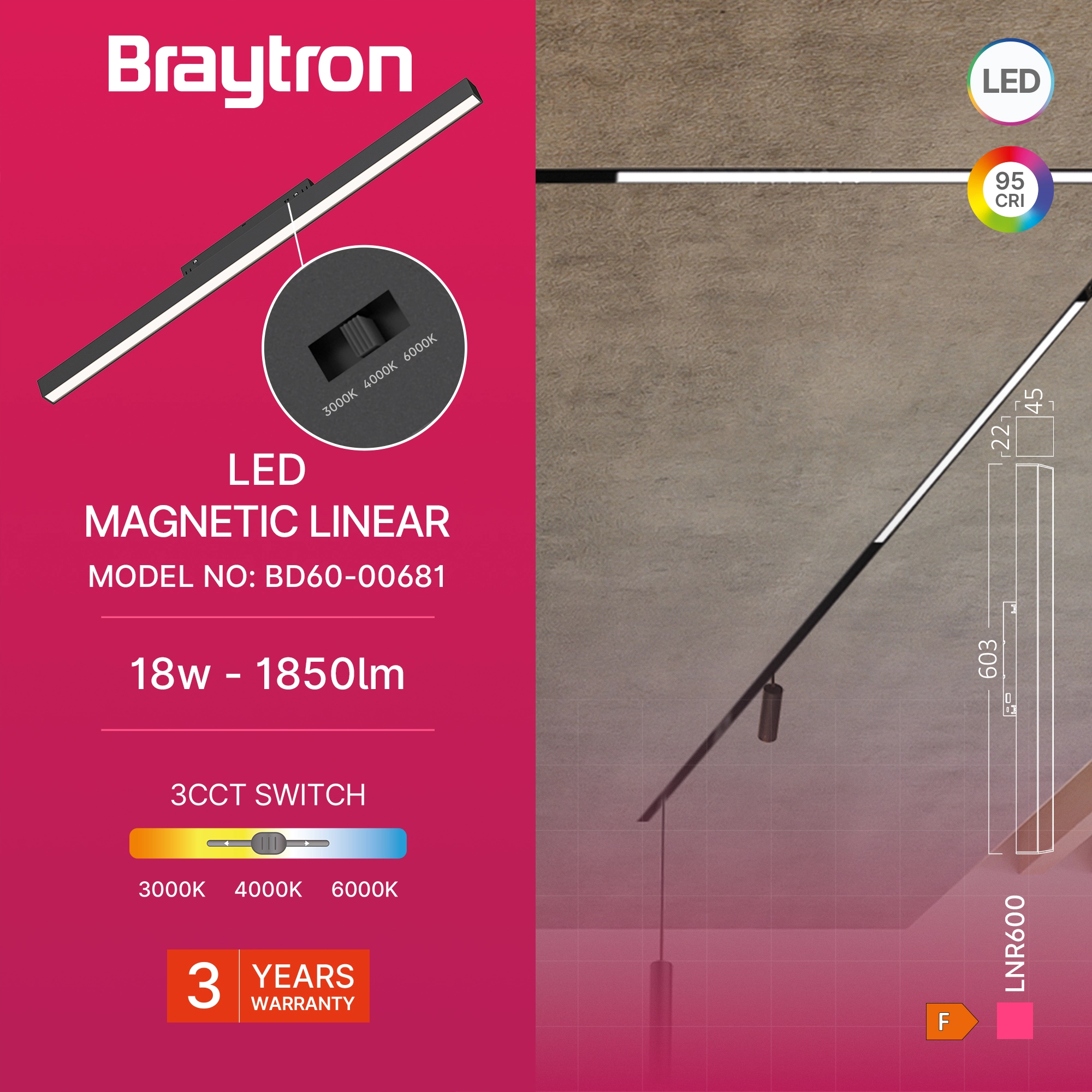 MAGNETNA LINEARNA SVETILJKA 18W CRNI CCT 48VDC
