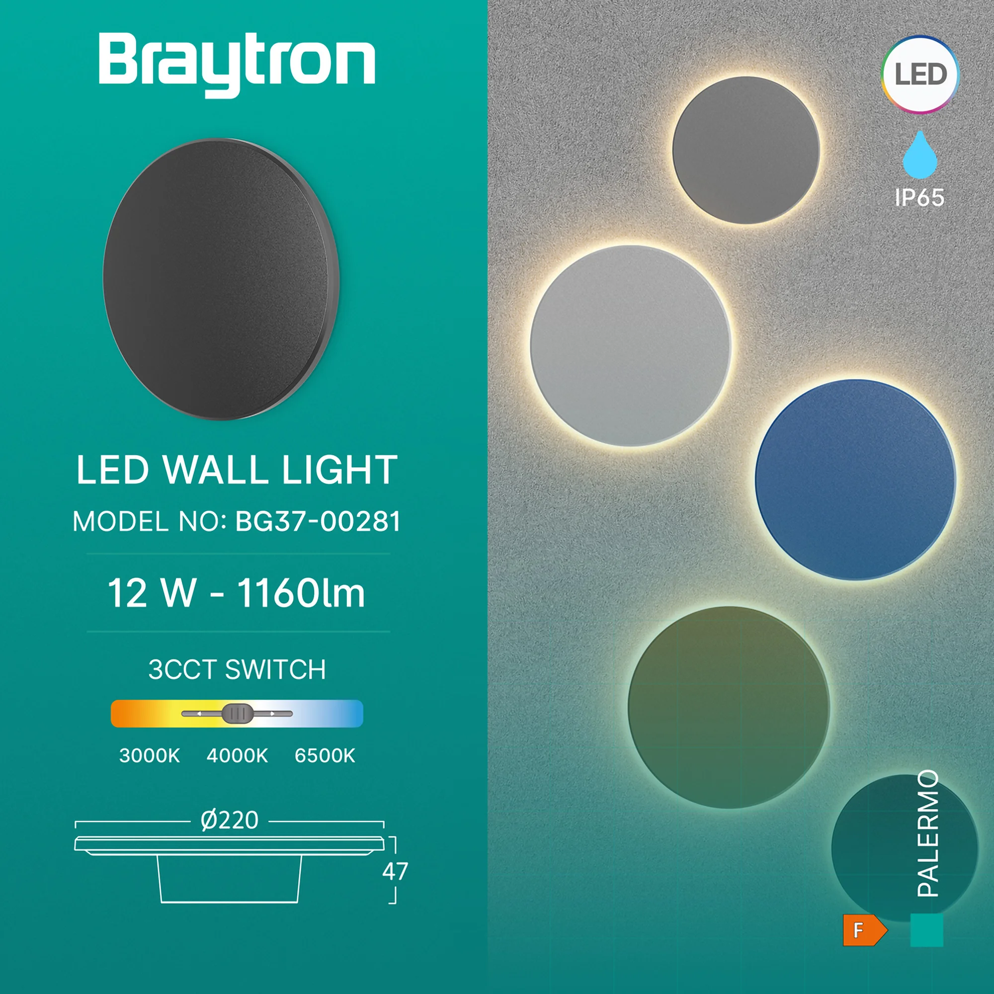 LED ZIDNA SVETILJKA OKRUGLA 12W CRNI CCT IP65