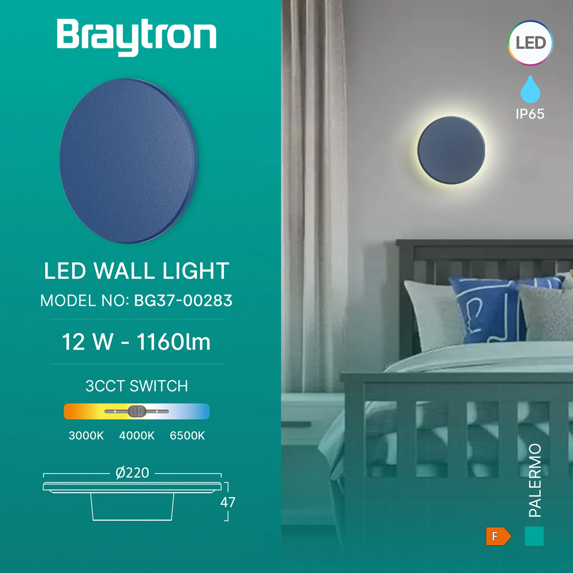 LED ZIDNA SVETILJKA OKRUGLA 12W PLAVI CCT IP65