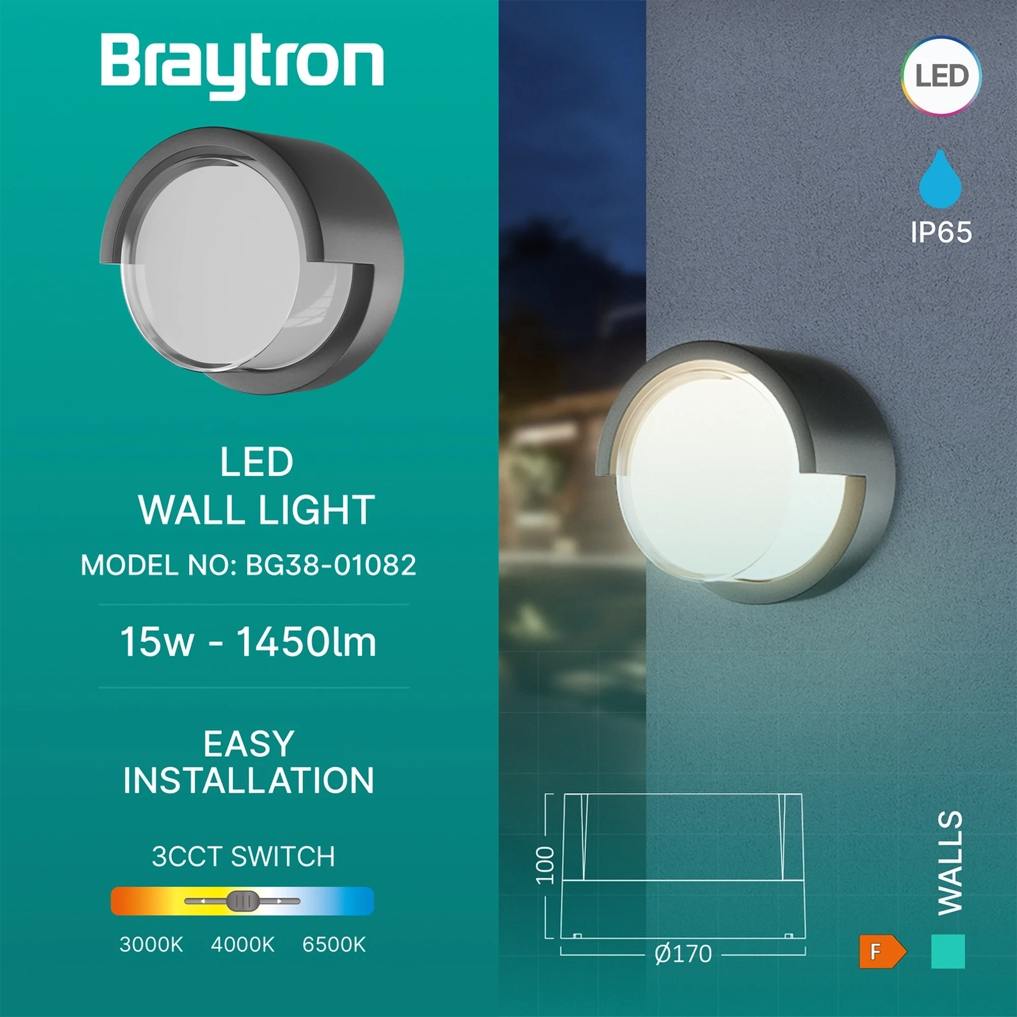 LED ZIDNA SVETILJKA OKRUGLA 15W SIVI CCT IP65