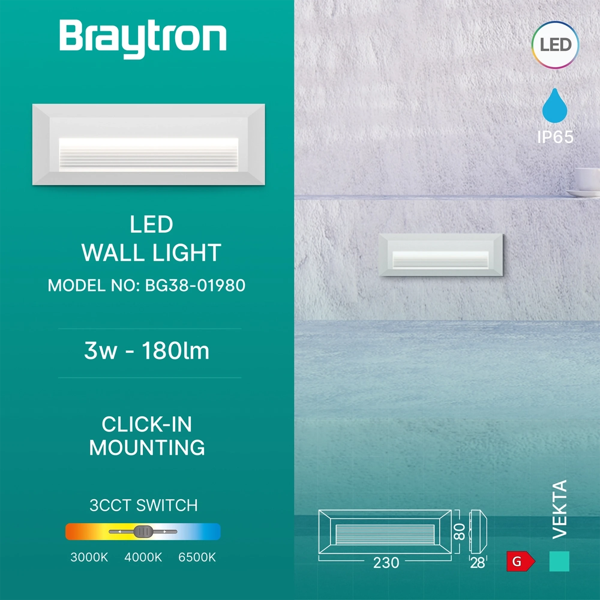 LED ZIDNA SVETILJKA PRAVOUGAONA 3W BELI CCT IP65