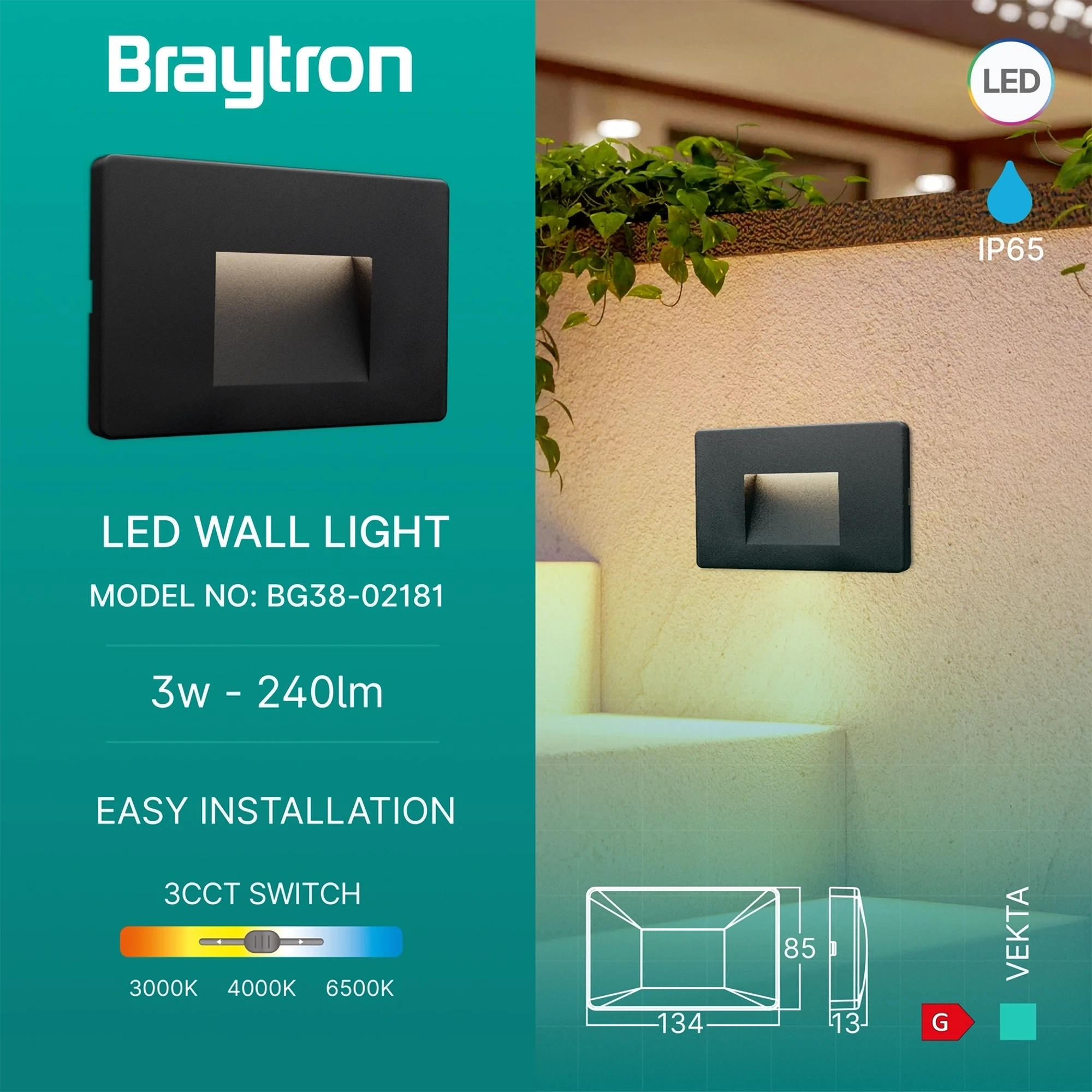 LED ZIDNA SVETILJKA KVADRATNA 3W CRNI CCT IP65