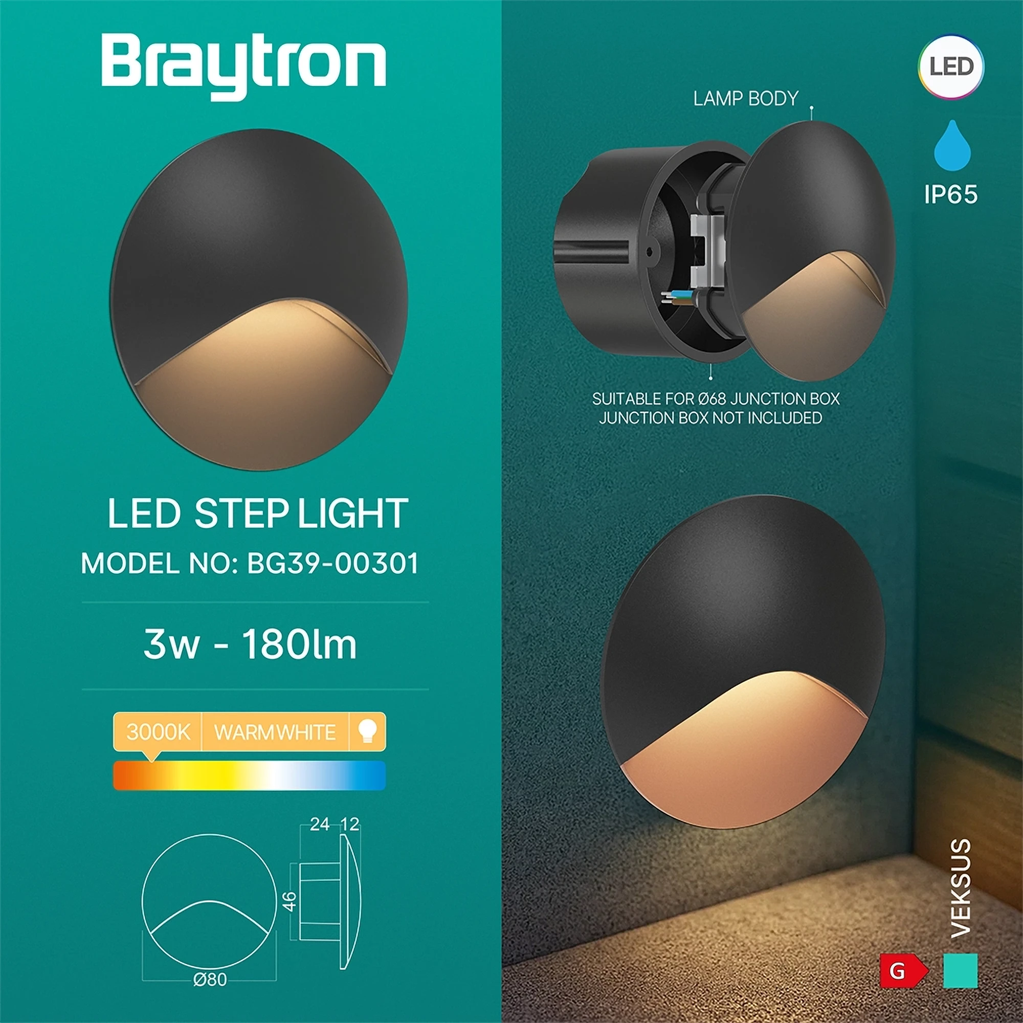LED ZIDNA SVETILJKA VEKSUS 3W CRNA 3000K IP65