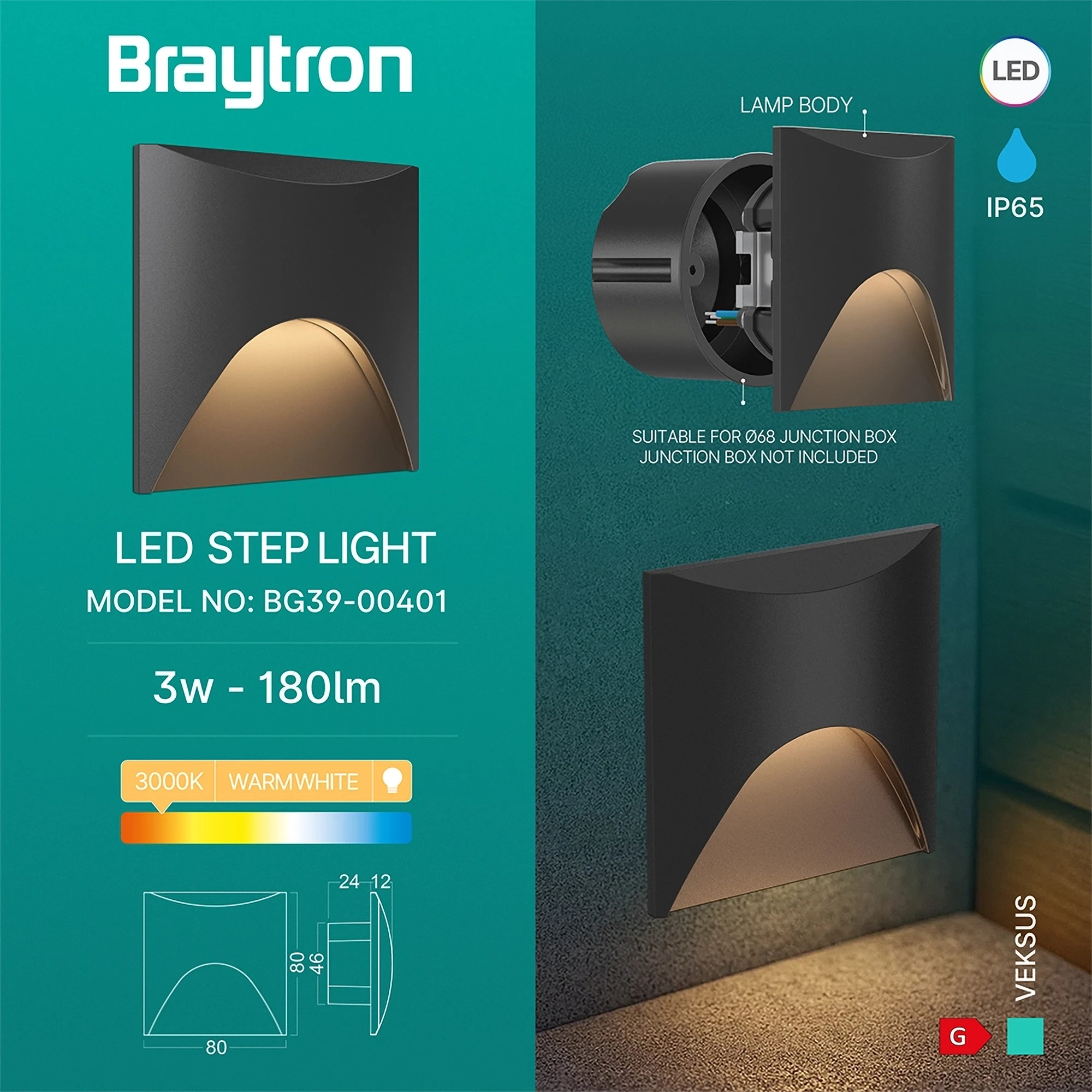 LED ZIDNA SVETILJKA VEKSUS 3W CRNA 3000K IP65