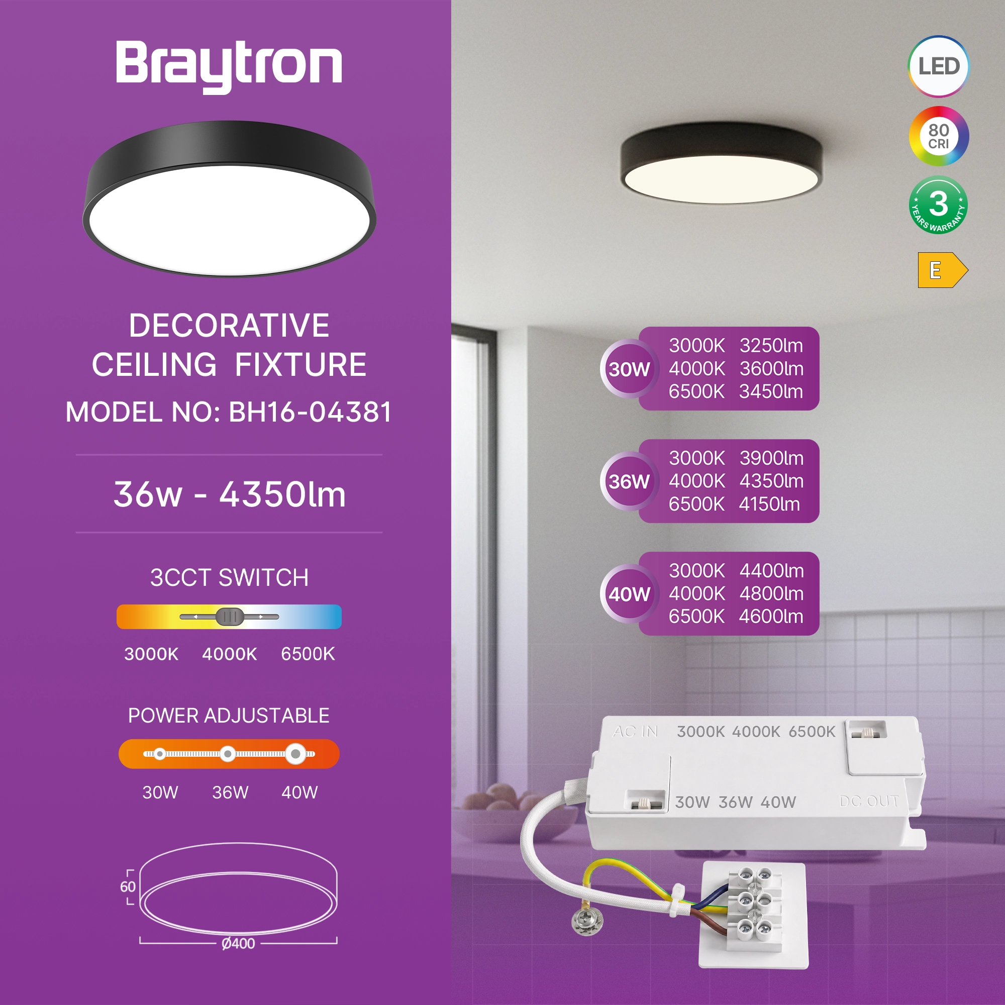 LED PLAFONJERA OKRUGLA 36W CRNI CCT