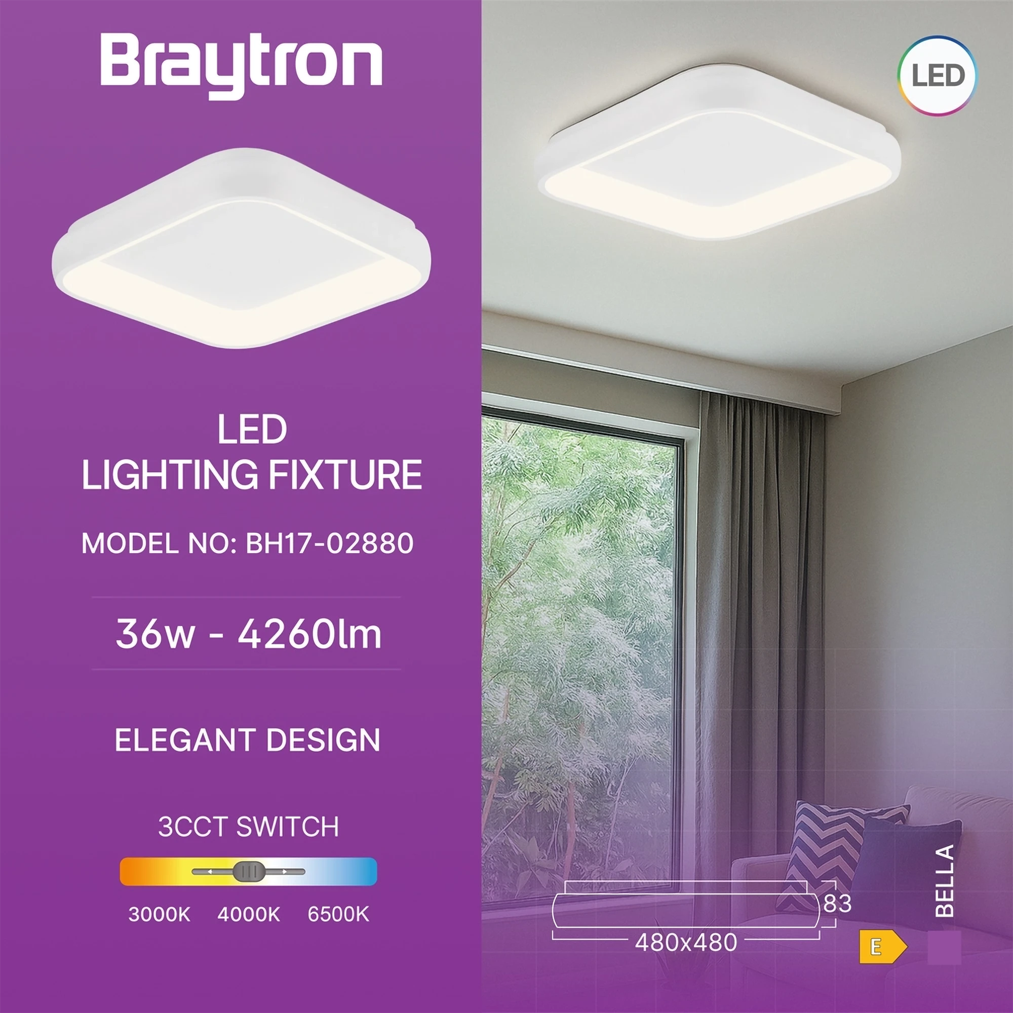 LED PLAFONJERA KVADRATNA 36W BELI CCT IP20