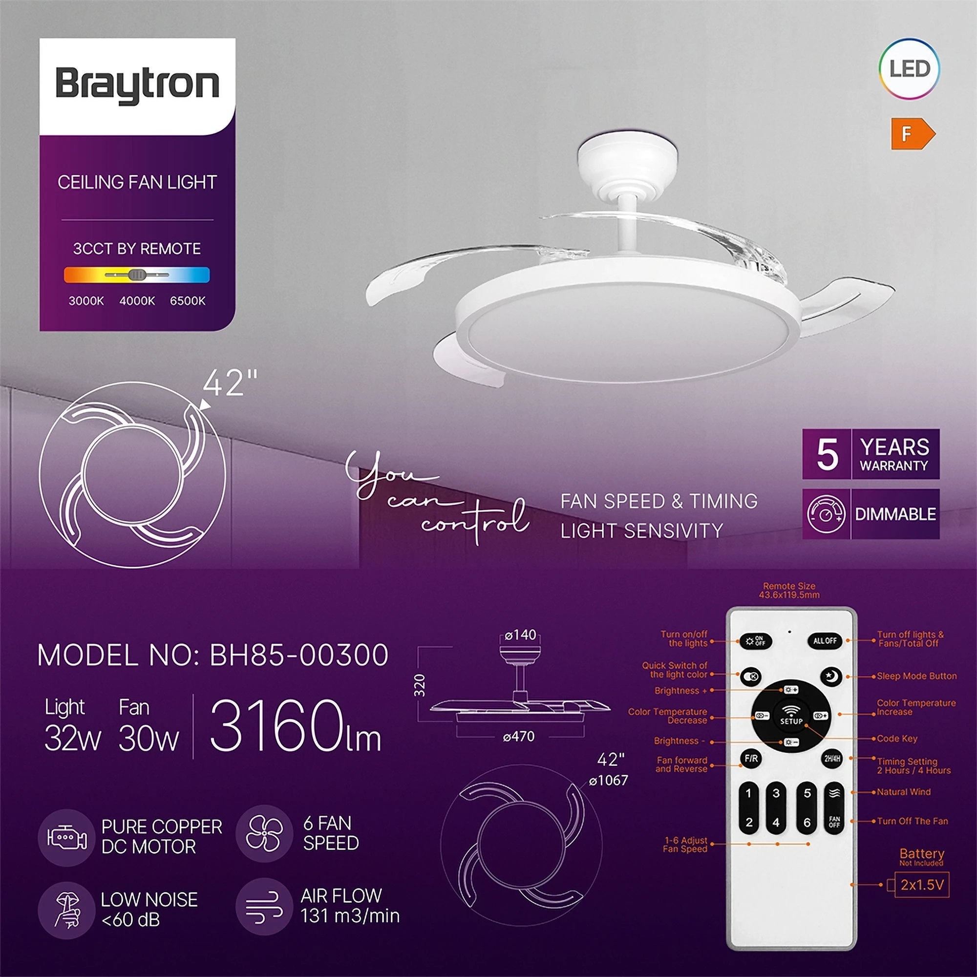 LED PLAFONSKI VENTILATOR 42+30W BELI CCT IP20