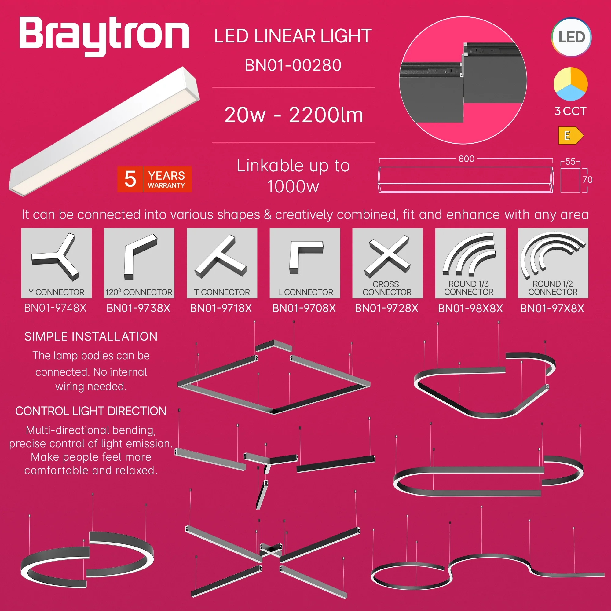 LED LINEARNA SVETILJKA 0.6M 18W BELI CCT IP20