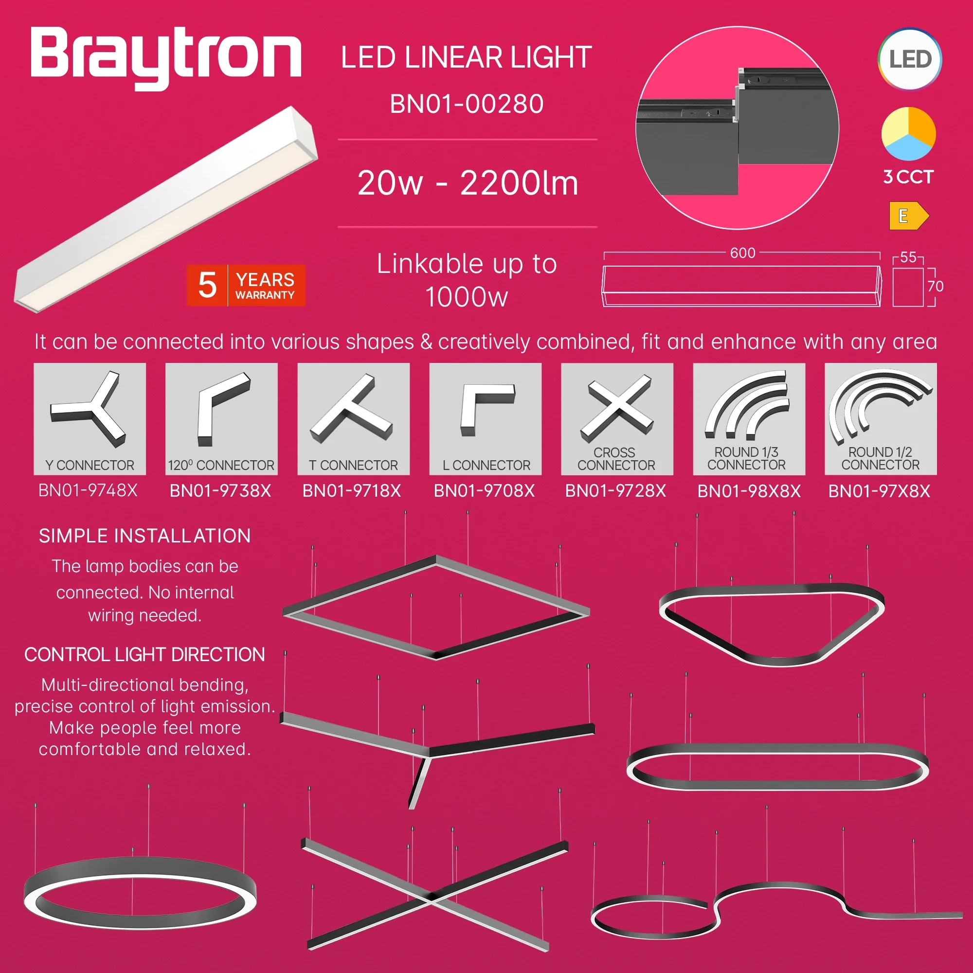 LED LINEARNA SVETILJKA 0.6M 18W BELI CCT IP20