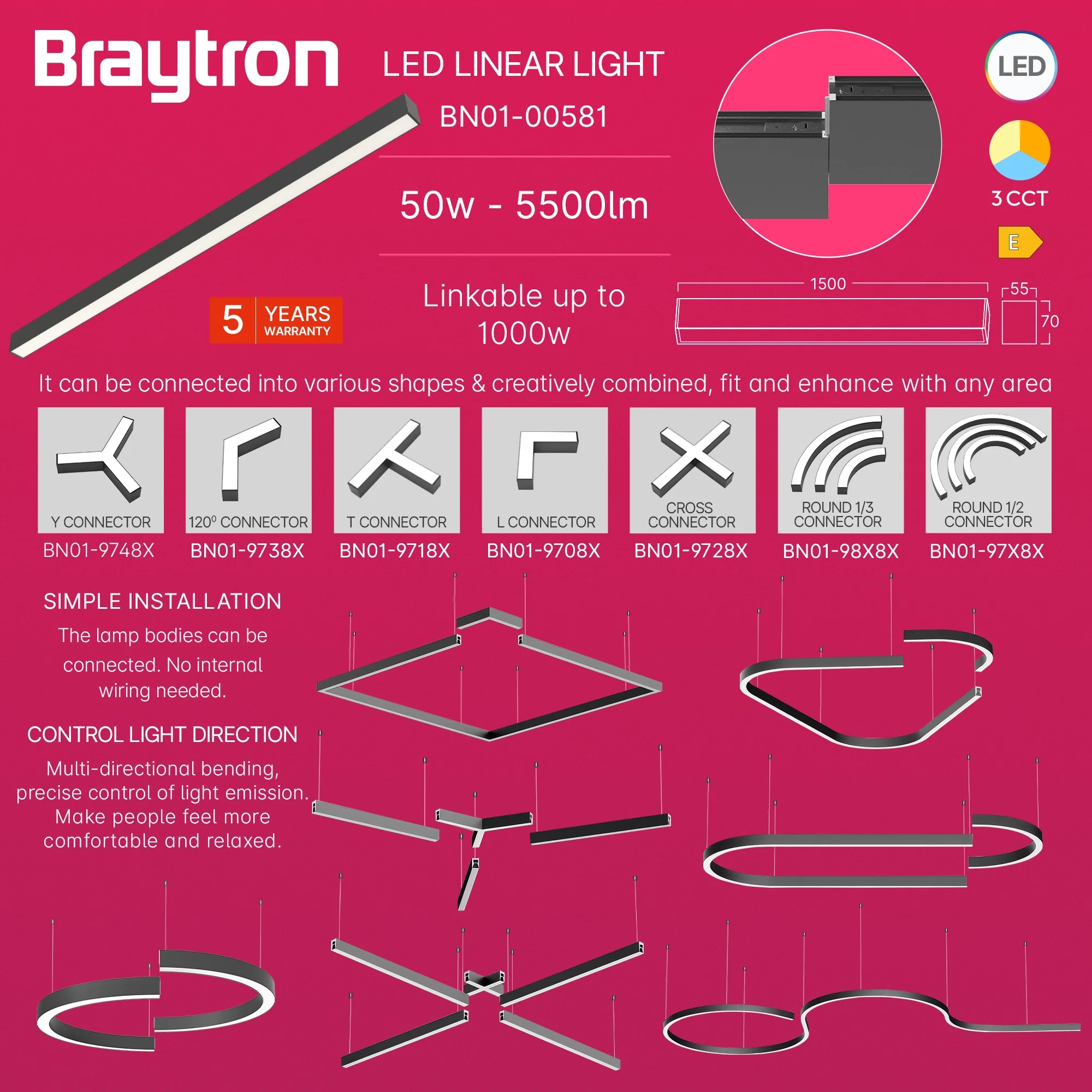 LED LINEARNA SVETILJKA 1.5M 45W CRNI CCT IP20