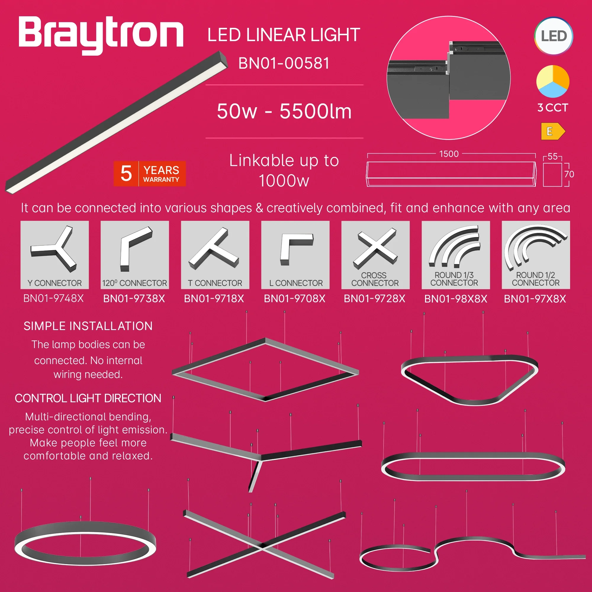 LED LINEARNA SVETILJKA 1.5M 45W CRNI CCT IP20
