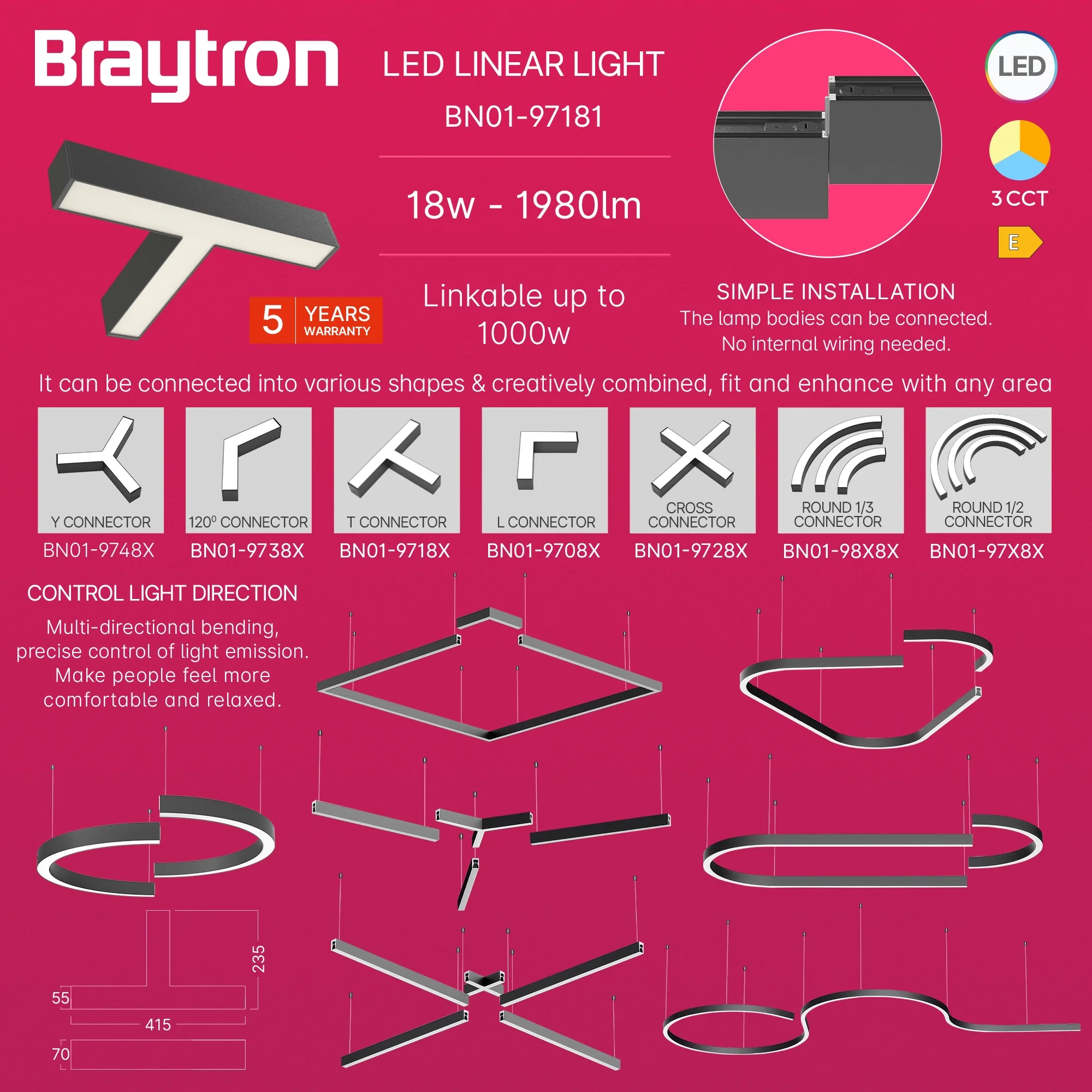 LED LINEARNA SVETILJKA T-OBLIK 10W CRNI CCT IP20