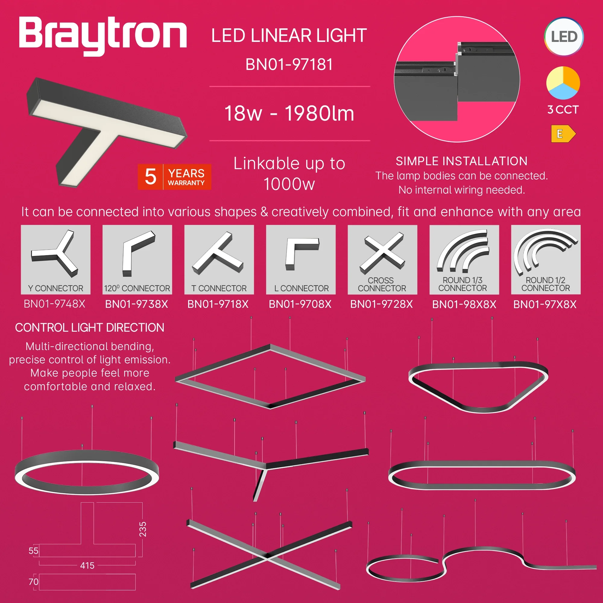 LED LINEARNA SVETILJKA T-OBLIK 10W CRNI CCT IP20