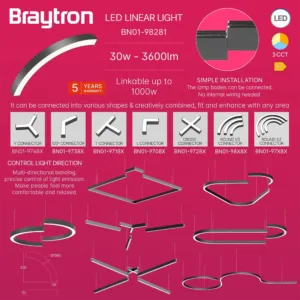 LED LINEARNA SVETILJKA CETVRT KRUGA 30W CRNI CCT IP20