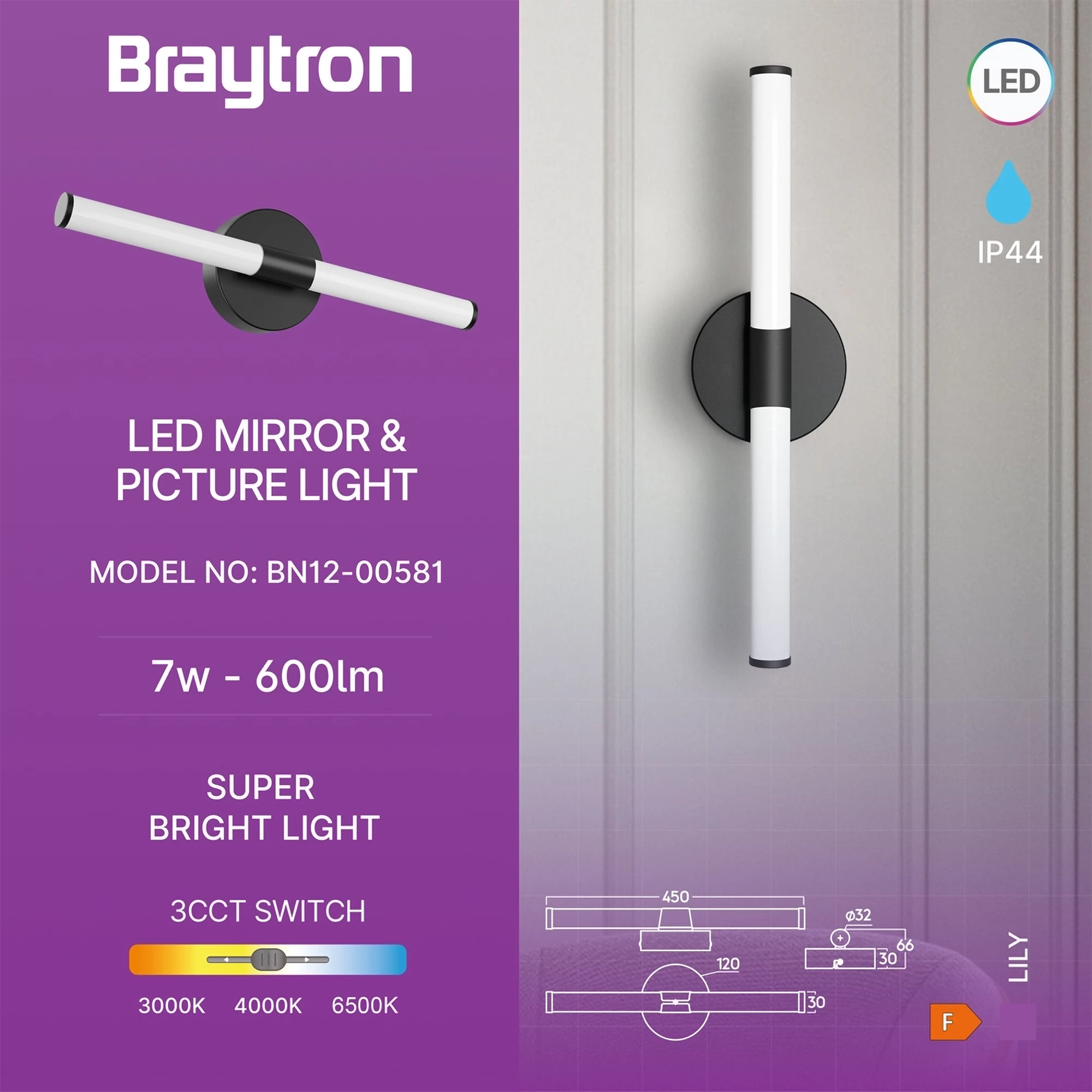 LED LAMPA ZA OGLEDALO 450MM 7W CRNI CCT IP44 LED LAMPA ZA OGLEDALO 450MM 7W CRNI CCT IP44